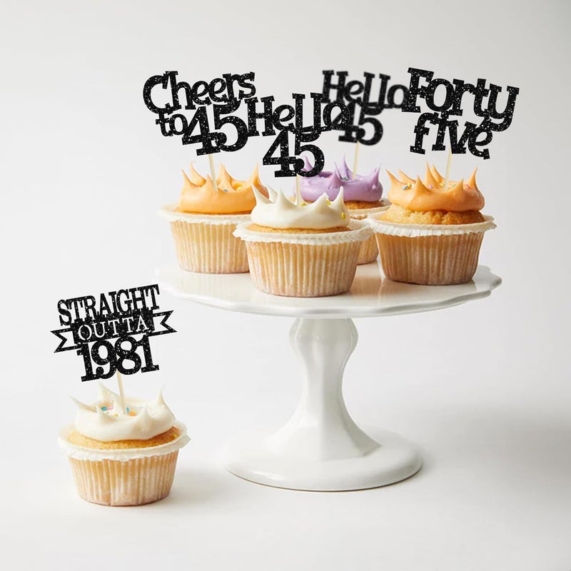 Ephlyn 24Pcs 45th Birthday Cupcake Toppers Glitter Straight Outta 1981 Cupcake Picks Hello 45 Cheers to 45 Years Cake Decorations for 45th Birthday Anniversary Party Decorations Supplies Black - Image 5
